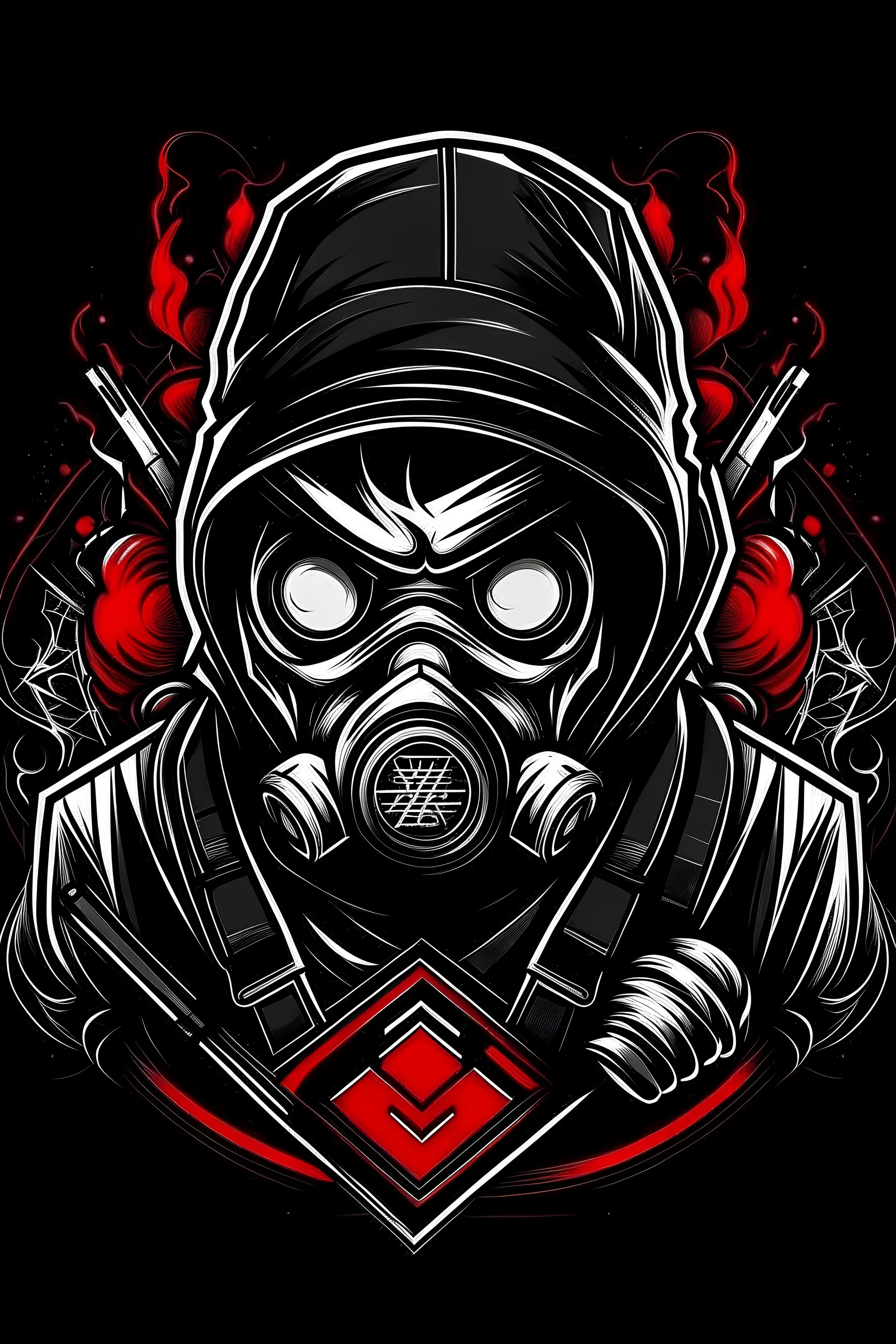Create me an e sports style t-shirt design using the colors black, white and red that is linked to the criminal world with weapons and gas mask