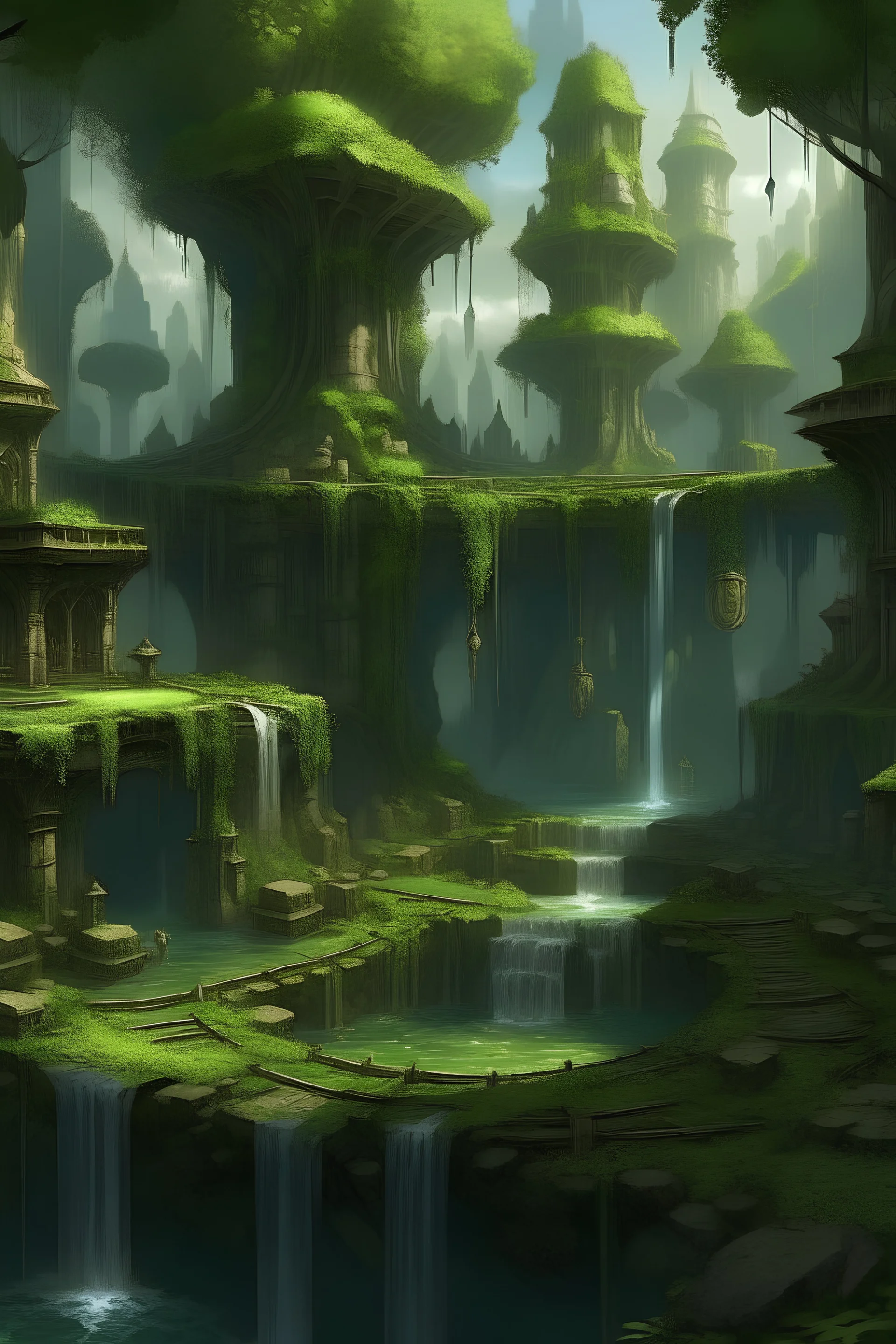 Elven forest, grove, town, fountain in the middle,grotto