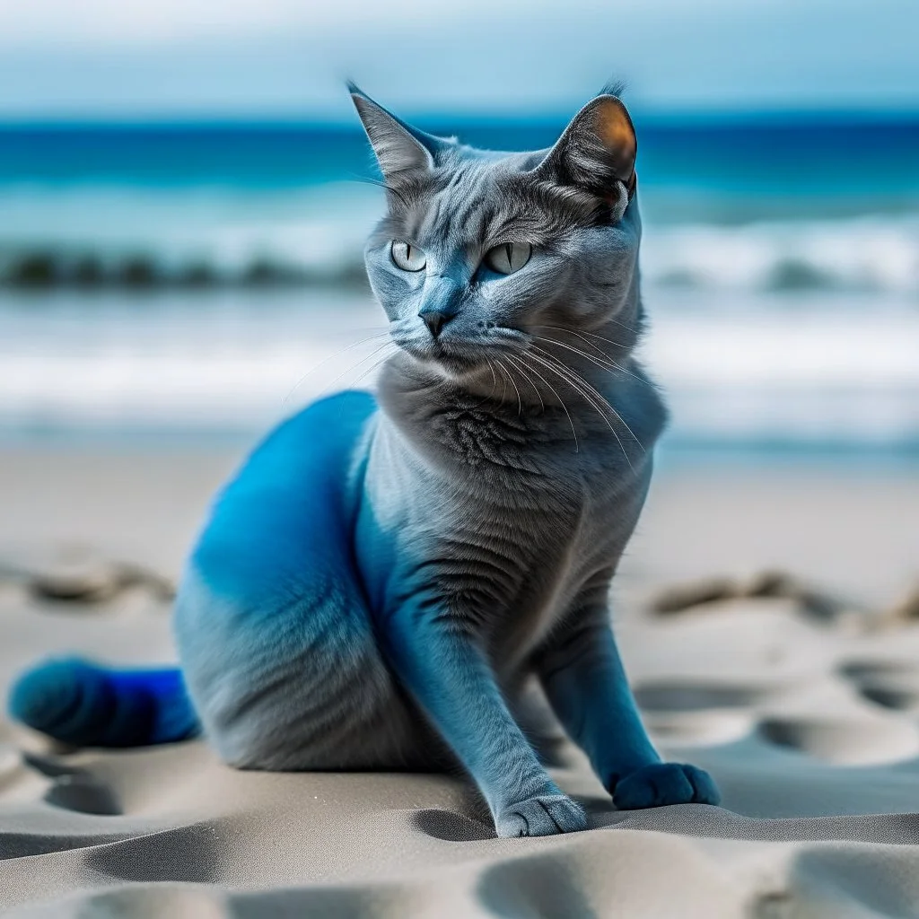 a blue cat on the beach