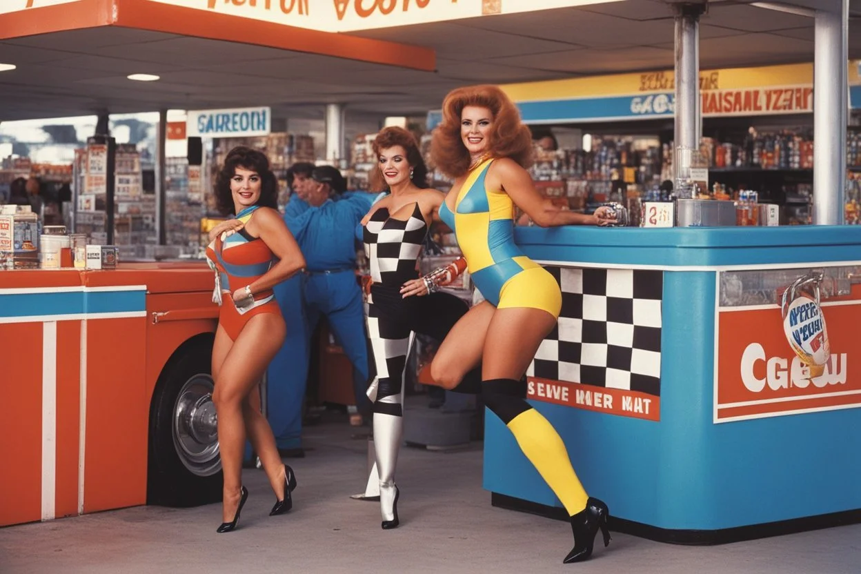one woman in bright colorful and checkered (high res photo by Russ Meyer in the 70ties) super heroine in leotard (chevron, lycra, nylon, spandex, tights) stops a massive violent thief at a gas stations, she is the queen of jujustu