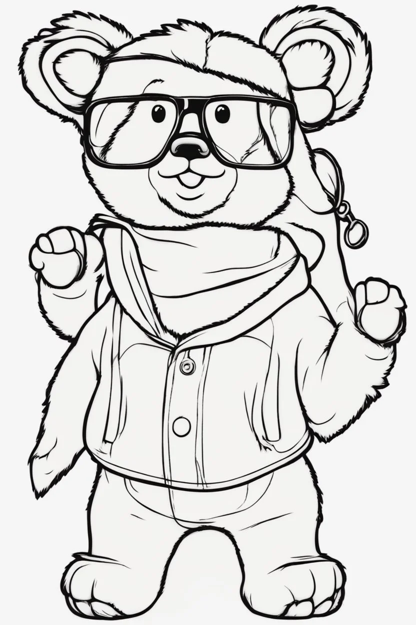 Outline art for cute coloring pages with bear with glasses, full body, white background, sketch style, only use outline, clean line art, no shadows and clear and well outlined.