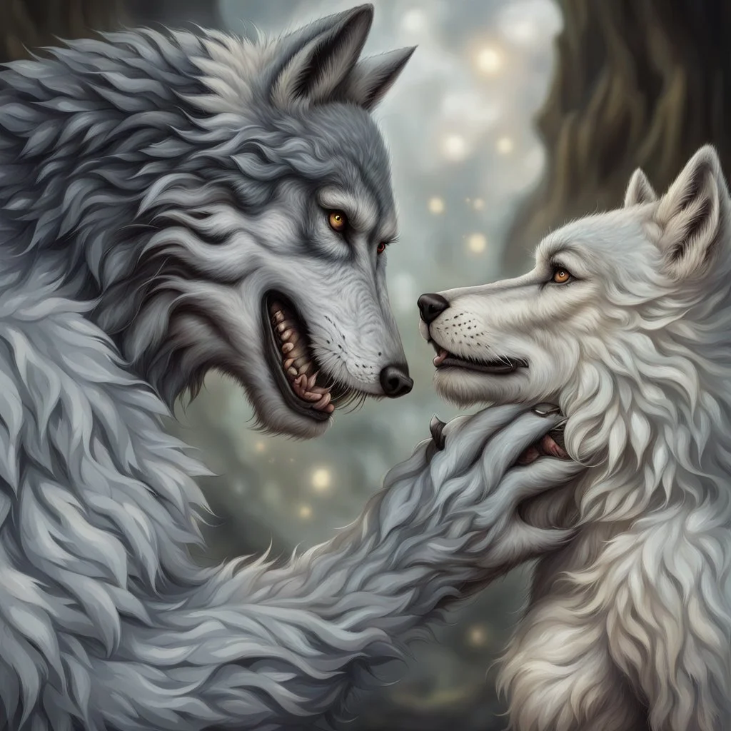 the anthropomorphic gray hairy body wolfman name Teo, holds between his paws the anthropomorphic pale hairy body wolfwoman's face , they look at each other lovingly, blur background, high detalied, realistic, sci-fi and fantasy mood