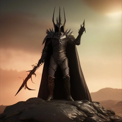 Sauron, the mighty lord of darkness, standing on a rock in the dark land of Mordor, a super-hero man of infinite power and technology of the galactic race, with a great army, a large moon disk behind him, and a fiery sword in his hand