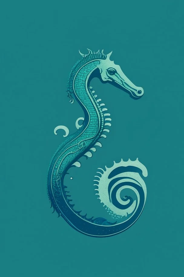 minimalist logo featuring seahorses in a katamaran in gothic style and blue-green hues.