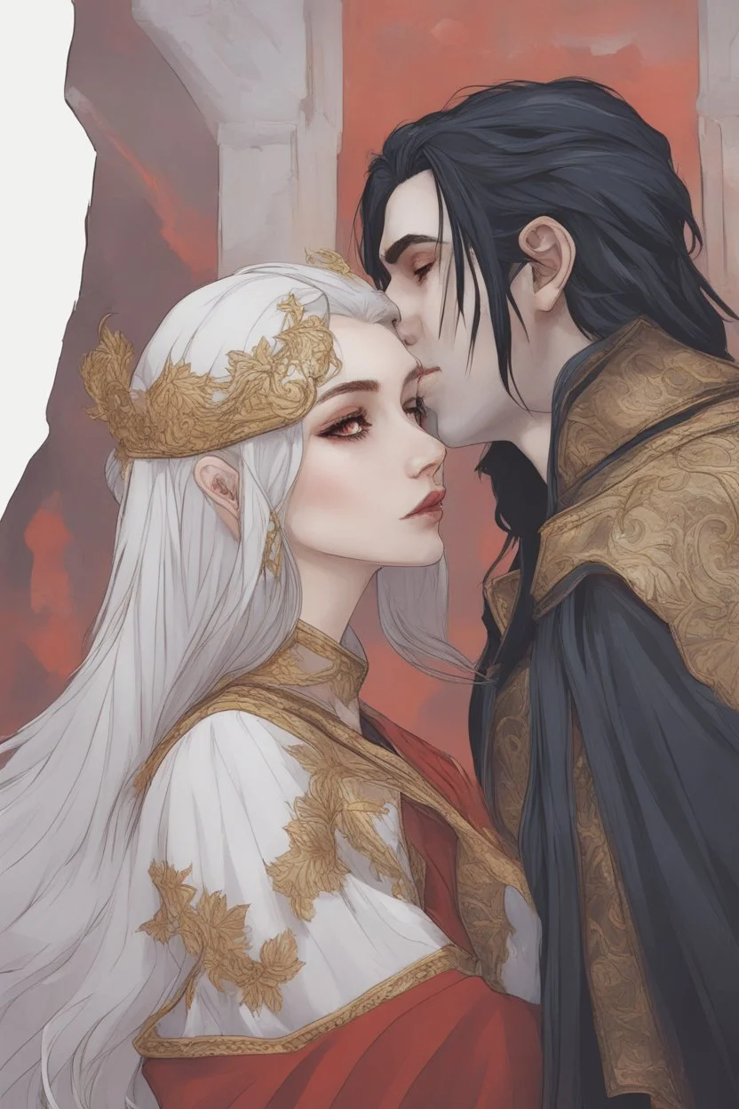 A couple from the dnd game curse of Strahd kissing. She has white hair he has long black hair.