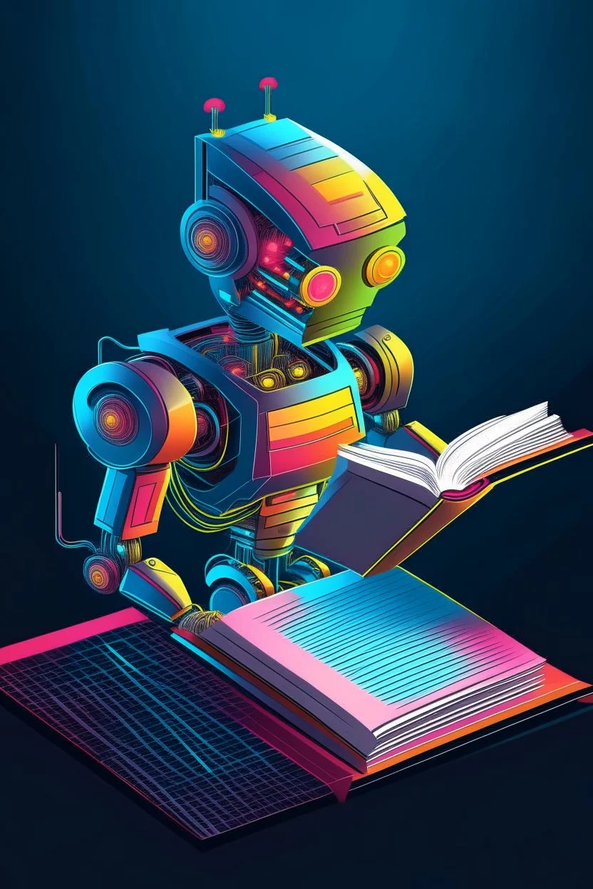 generate a color front cover simplistic illustration representation of Ai metalic bot editing a book