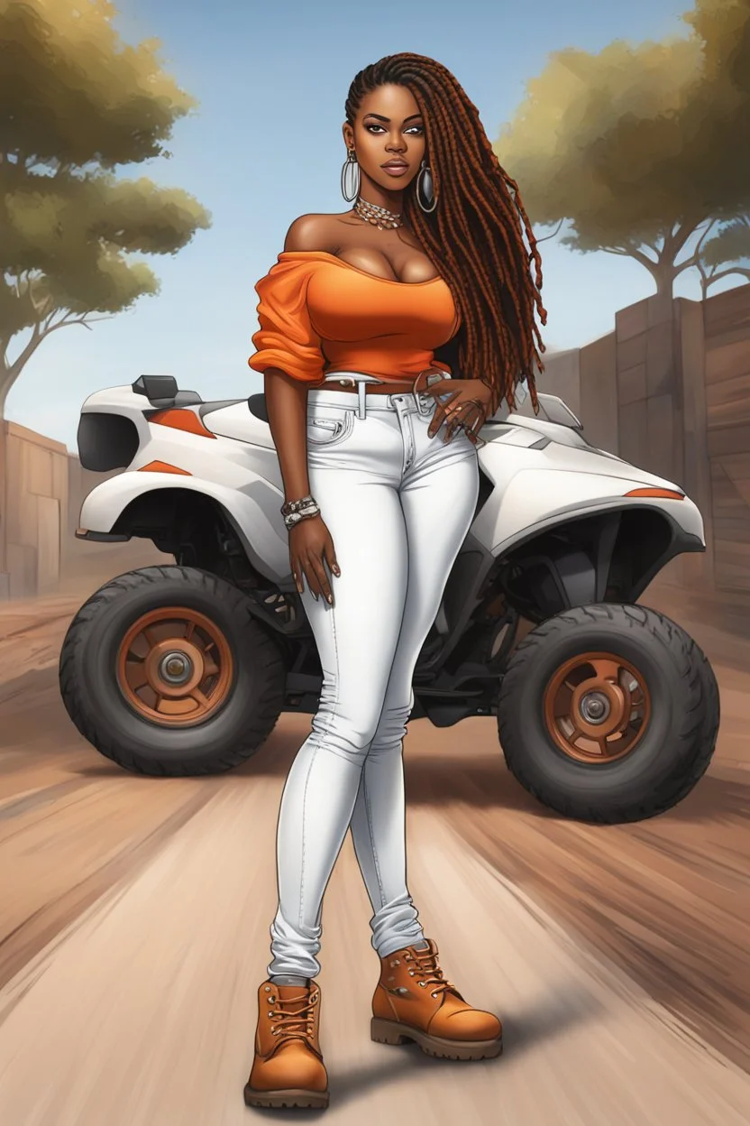 Create a digital airbrush cartoon of a curvy African American female wearing tight white jeans and a off the shoulder orange blouse. She is also wearing timberland boots. Prominent make up with hazel eyes. Highly detailed very long extremely dread locs black hair. Her skin is smooth and silky. Background of a track of ATV riders.