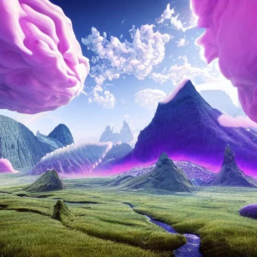 a psychedelic realm with rolling plains made out of clouds, mountains made out of icebergs, and plant life made out of cotton candy, in the style of wlop and namek, illustration, epic, fantasy, hyper detailed, smooth, unreal engine, sharp focus, ray tracing