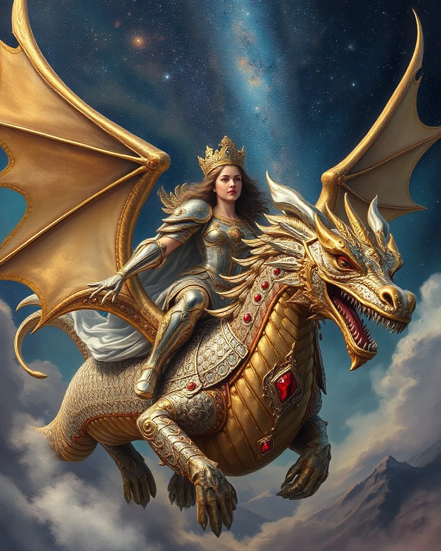 Imagination from a far oil painting HD all image of the Beautiful Queen, riding a dragon flying in the sky, wearing a luxurious armor design, made of silver and gold metal plates, metal crafts with shining diamond luster, on the outer surface of the luxurious decoration of very small diamond stones, red diamond stones, Milky Way galaxy background