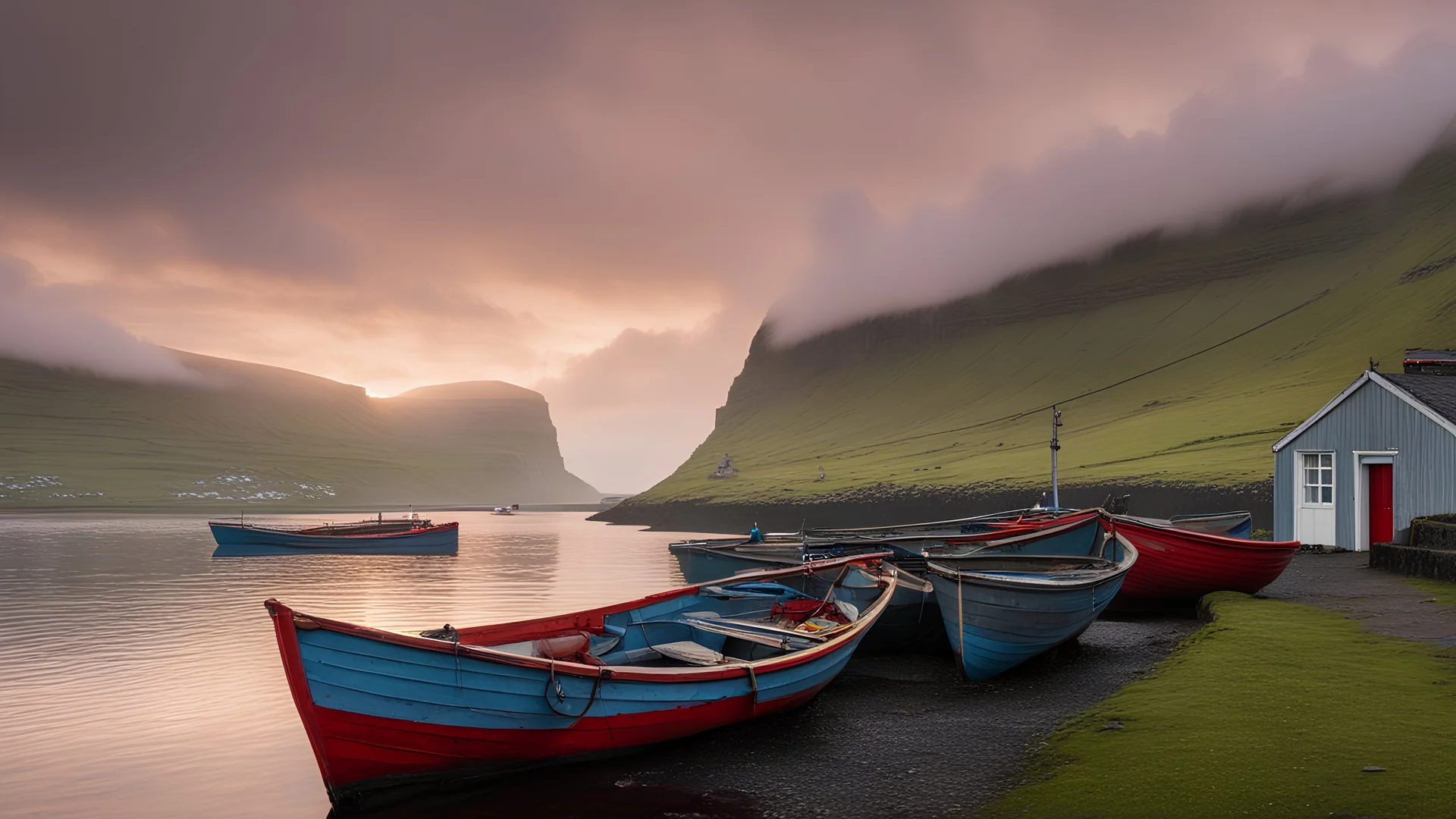 Painted fishermen’s boats anchored in a harbour in the Faroe Islands near a fishing village, fishermen putting fishing nets on their boats, peaceful, mist in the distance over the calm sea, early morning, sunrise, beautiful romantic photograph, excellent composition, atmospheric, realistic