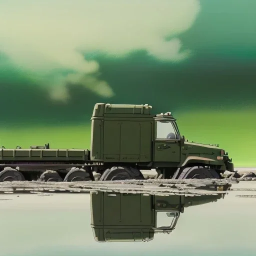 hyperrealistic shot, muddy military toy truck, monotone color palette, sharp focus, puddle reflection, tire water splash, refraction, mist on the horizon, shadowcast, detailed and intricate, cinematic composition, micro, tilt shift photography