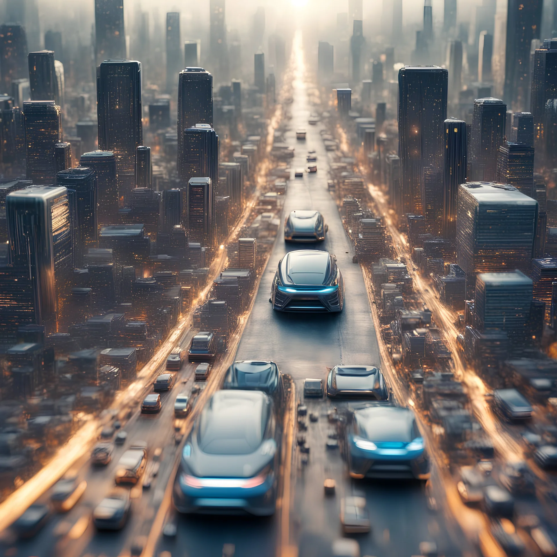 futuristic photo realistic Vehicles in traffic ,Landscape of city made of circuit board computer chips and wires, realistic high detail,