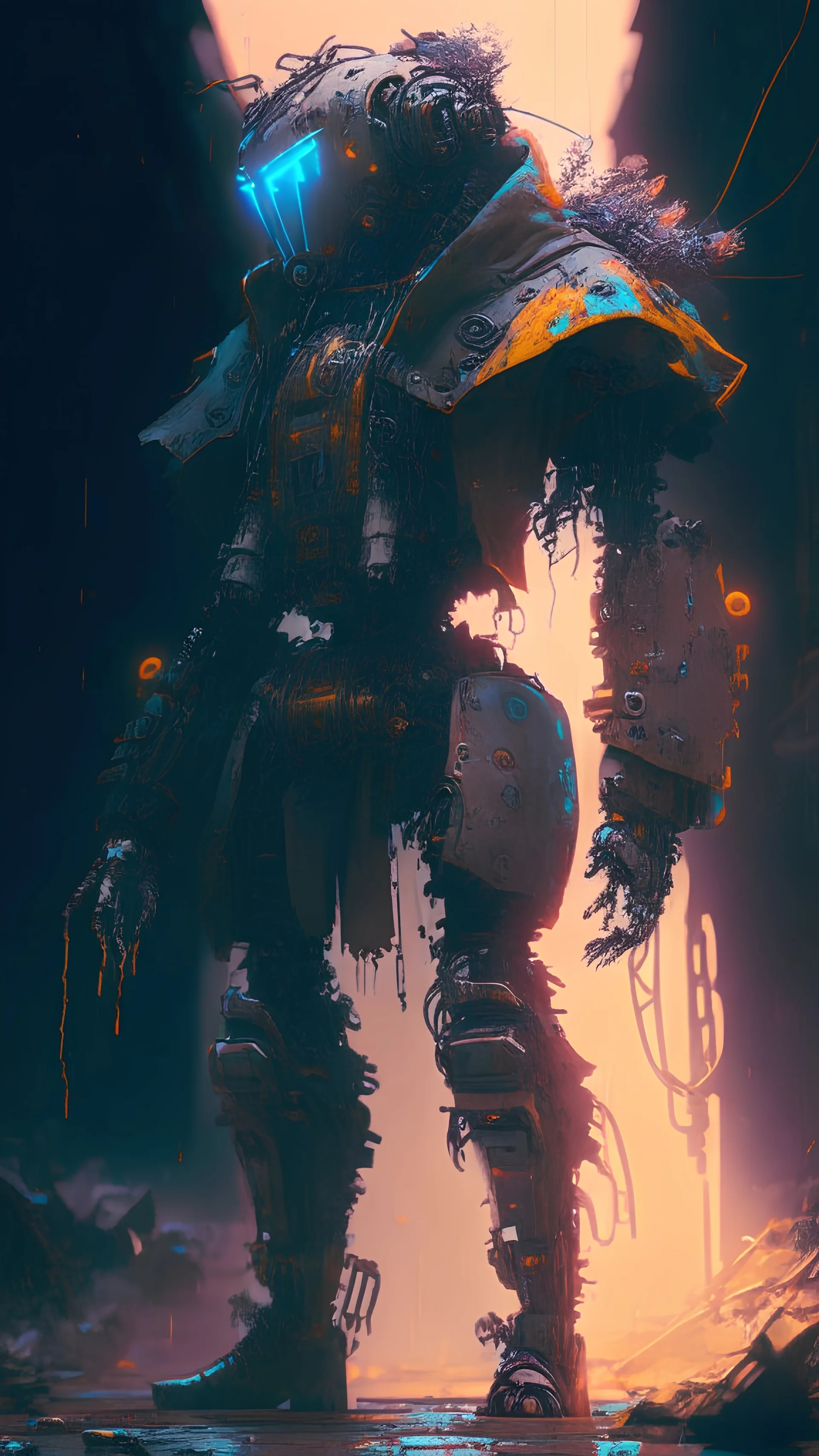 nice robot, extravagant clothes,post apocalyptic, a masterpiece, dynamic lighting, hyperdetailed, splash screen art, trending on Artstation, deep color, Unreal Engine, volumetric lighting