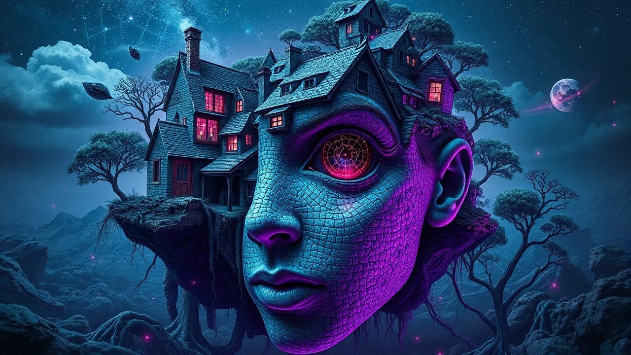 A hyper-detailed, surreal photographic composition blending impossible geometries with organic elements. At the center, a fragmented human face emerges from a village landscape, its features dissolving into: Architectural absurdity: Floating cottages with lace-like brickwork Celestial interference: Constellation patterns etched into skin pores Natural surrealism: Trees growing through eyeballs, roots forming mathematical fractals The scene glows with an eerie luminescence (deep indigo to violet