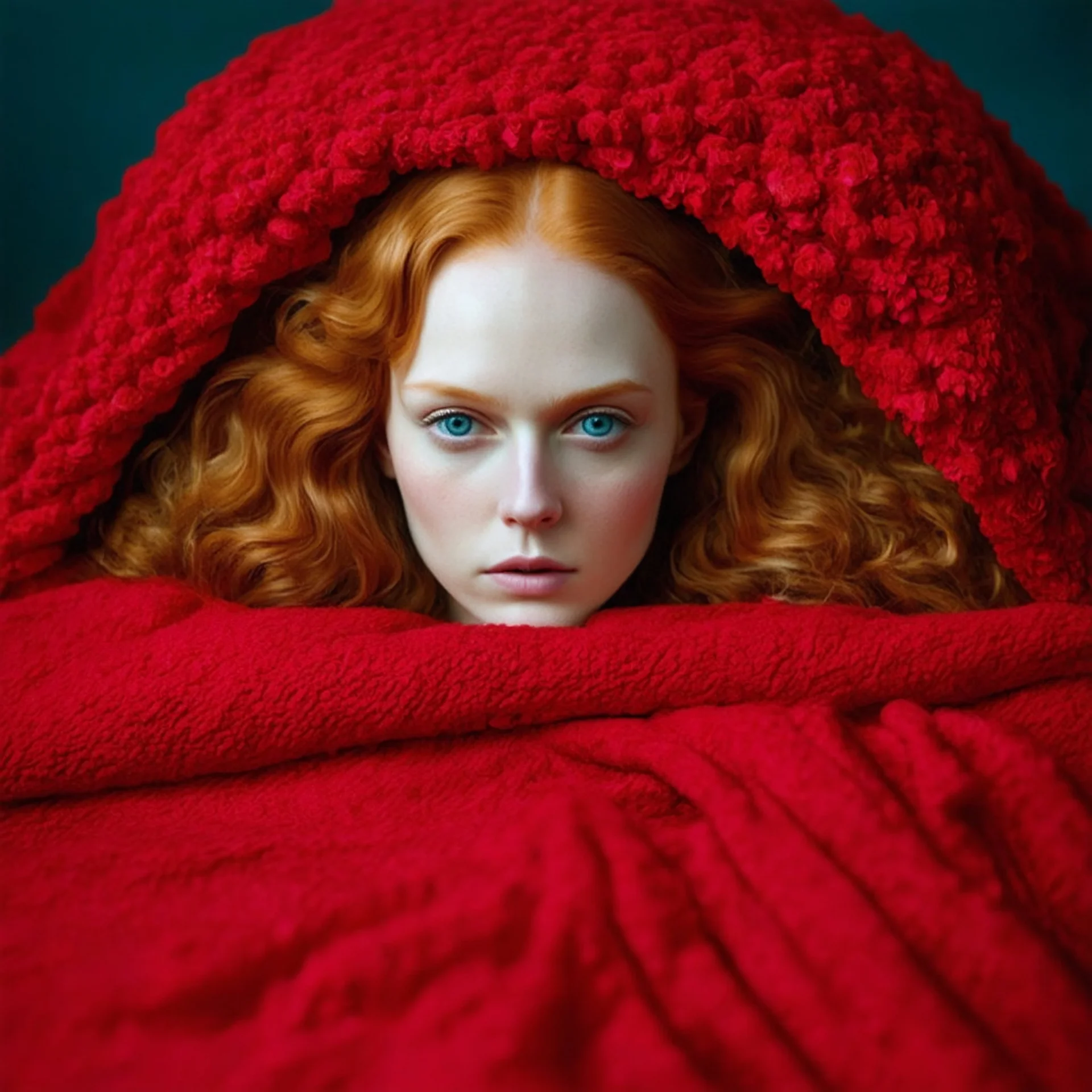 Model Lily cole under a red blanket, , autochrome, baroque, painting