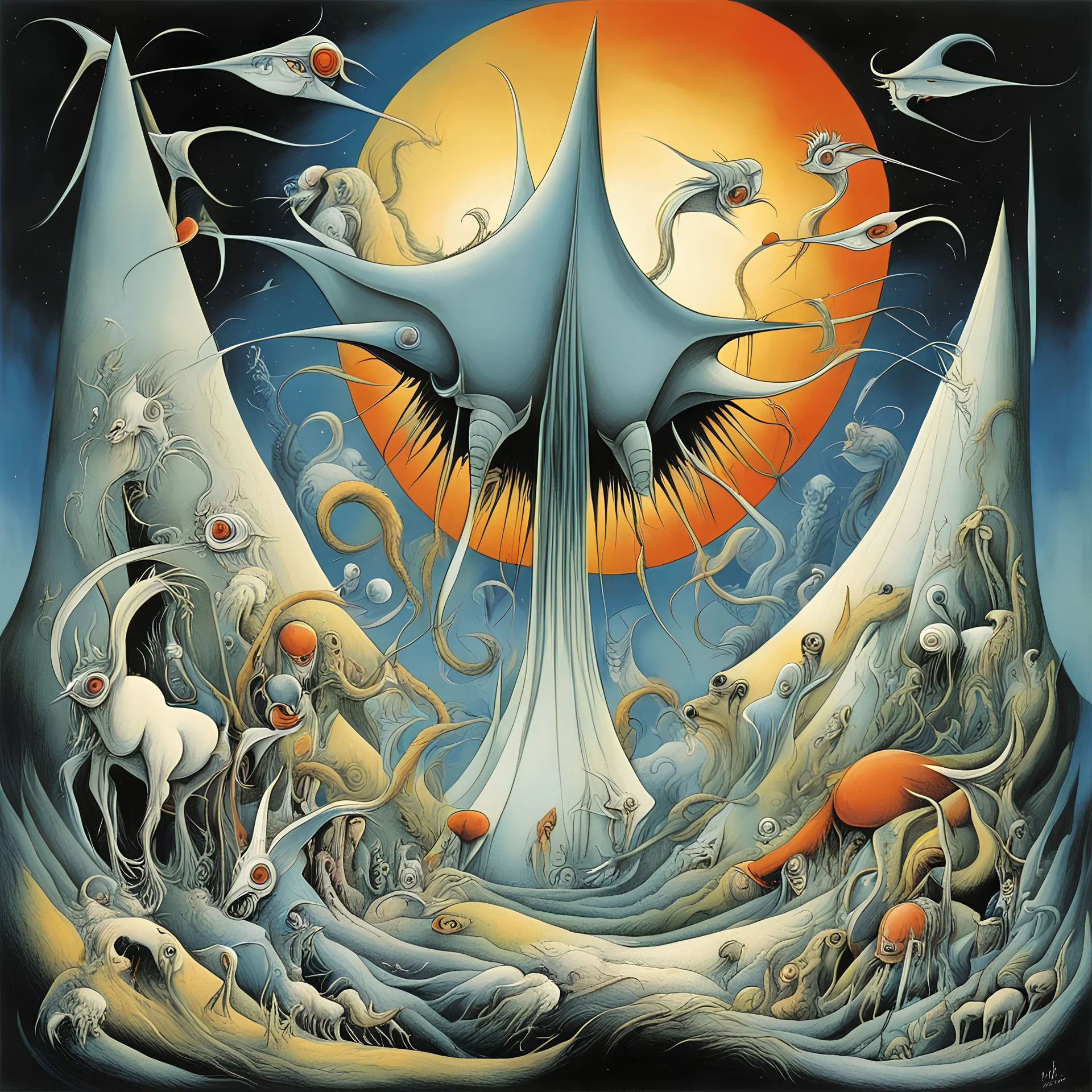 Bleating and babbling demented revengers March cheerfully out of obscurity into the dream, by Gerald Scarfe, by Tim Biskup, by Wilfredo lam, surreal mind-bending illustration, heavy dreamy colors, Pink Floyd aesthetics, cosmic drama, trippy album cover, sheep