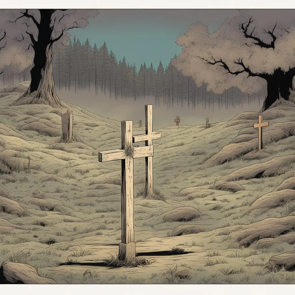 one dirt grave, wood cross, comic book, illustration,