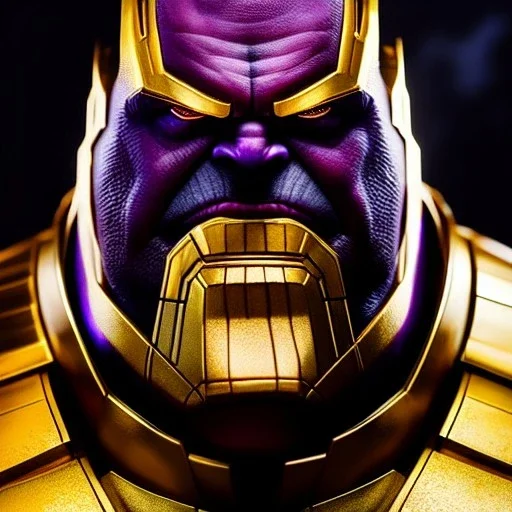 fullbody portrait in oil on canvas of Thanos with Big Golden Hulkbuster armor, intense stare, masterpiece, realistic, intricate detail, sci-fi fantasy style, volumetric lighting, particles, highly detailed ,cinematic , deep colours, 8k, by Caravaggio