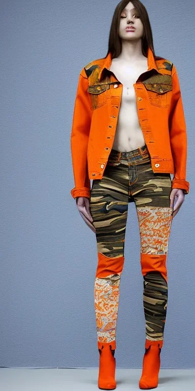 Model, woman. sérigraphie on denim with orange,terracotta, cream and purple colors. Camouflage patterns are screen printed on denim. Woman in her 30's. thick thighs, thick calves, flat belly, wide hip. Mantle made of recycled Denim by sewing. Sewed camouflage patterns together. Big bright purple and blue felt pieces makes mantle, which is merged with satchel. purple tippet and cream-colored-hood. AKG headphones (gold rings!) is merged with small felt cap with small visor. Haute Couture 1990's