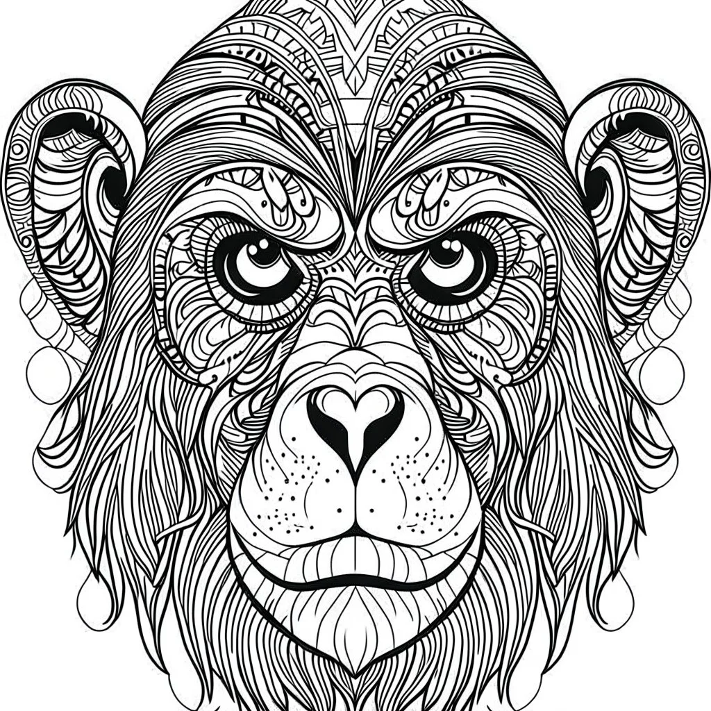 Monkey, front view, mandala, minimal lines, cartoon, white back ground color, real style, realistic, minimalistic, minimal black line art, line art, crisp line art, unique coloring sheet, outlined, outline, crisp, crisp line edges, illustration, thin lines, crisp clear lines, line art, clean line art, unique, 8k, amazing, masterpiece, no colors, no dark color, no black color, avoid thick black, minimalistic line edges, pure white back ground, image character full fit to page,