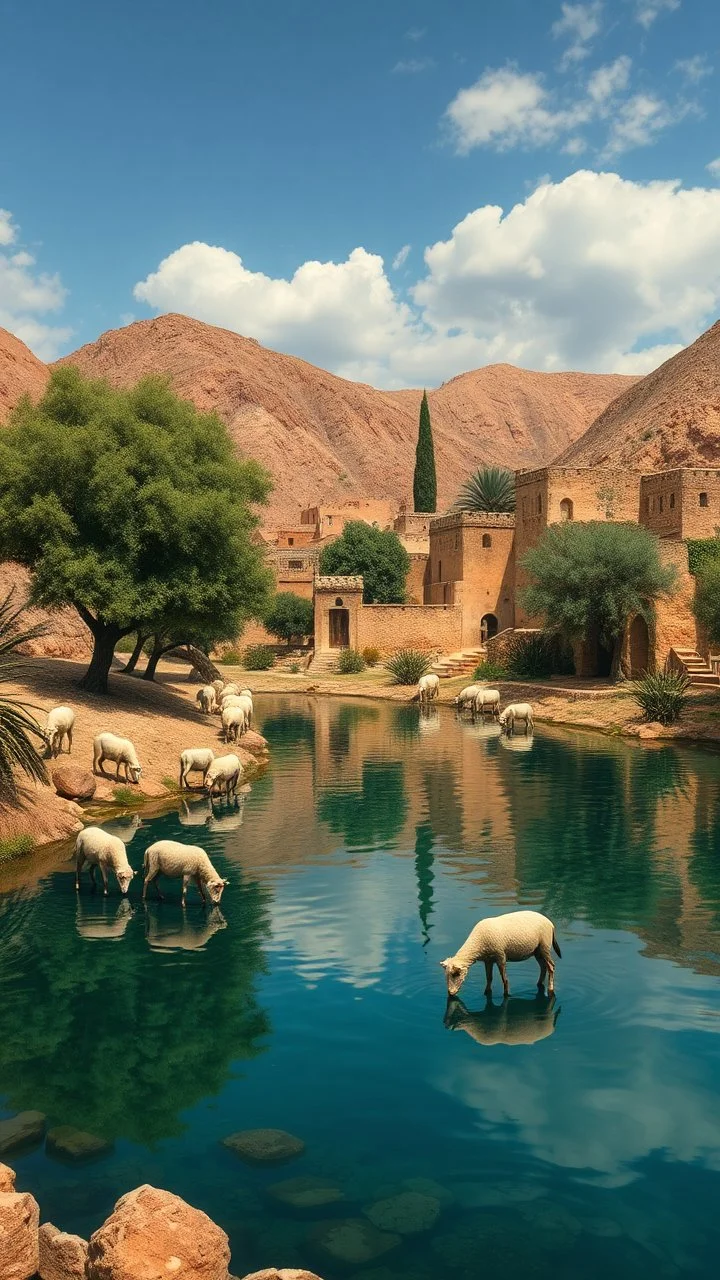 Hieronymus Bosch style , Morocco old Arabian oasis with water lakes and trees and sheep’s drinking from the lake surrounded with old houses