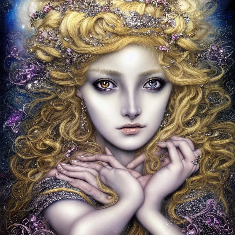 Portrait of a sensual Goddess: Black eyes like diamonds sparkling. Long Blonde hair. Incredibly detailed 8K resolution HDR photograph of a hyper detailed photorealistic storybook laying open with weathered riffled pages meticulously illustrated by Brian Froud and Josephine Wall, album cover art, imagination, upscaled, sharp focus, space"