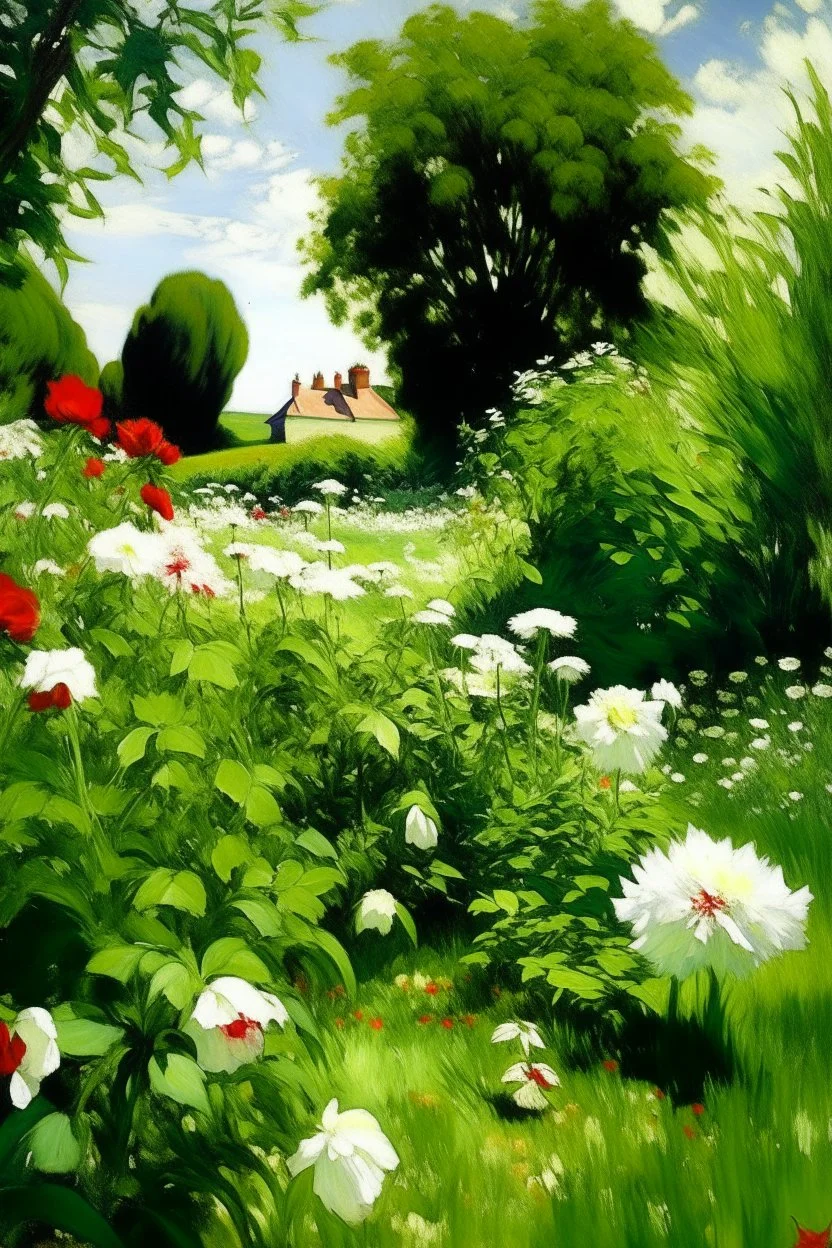 A green meadow with giant beautiful flowers painted by John Singer Sargent