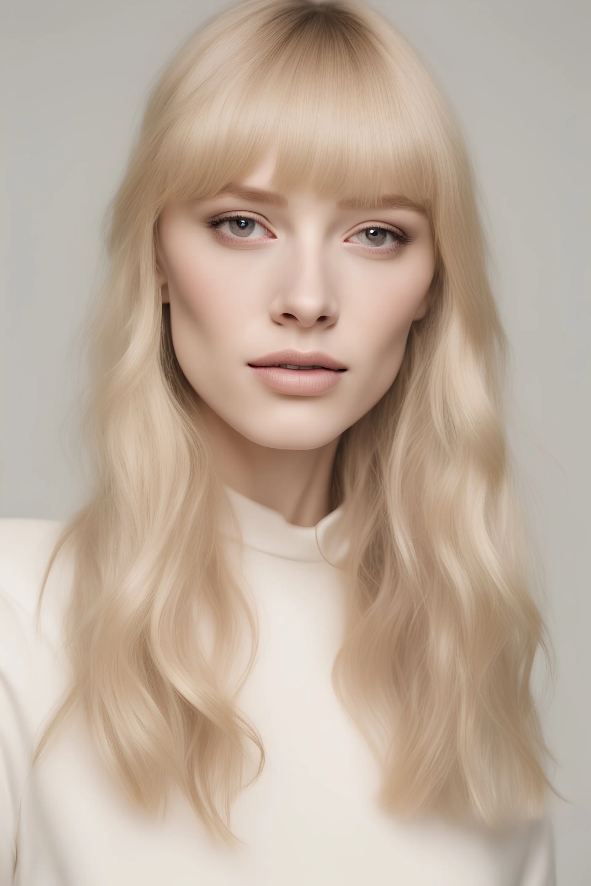 A woman in her 20s, with blonde hair in a long bob with a fringe, brown eyes and pale skin, she wears lighter colours