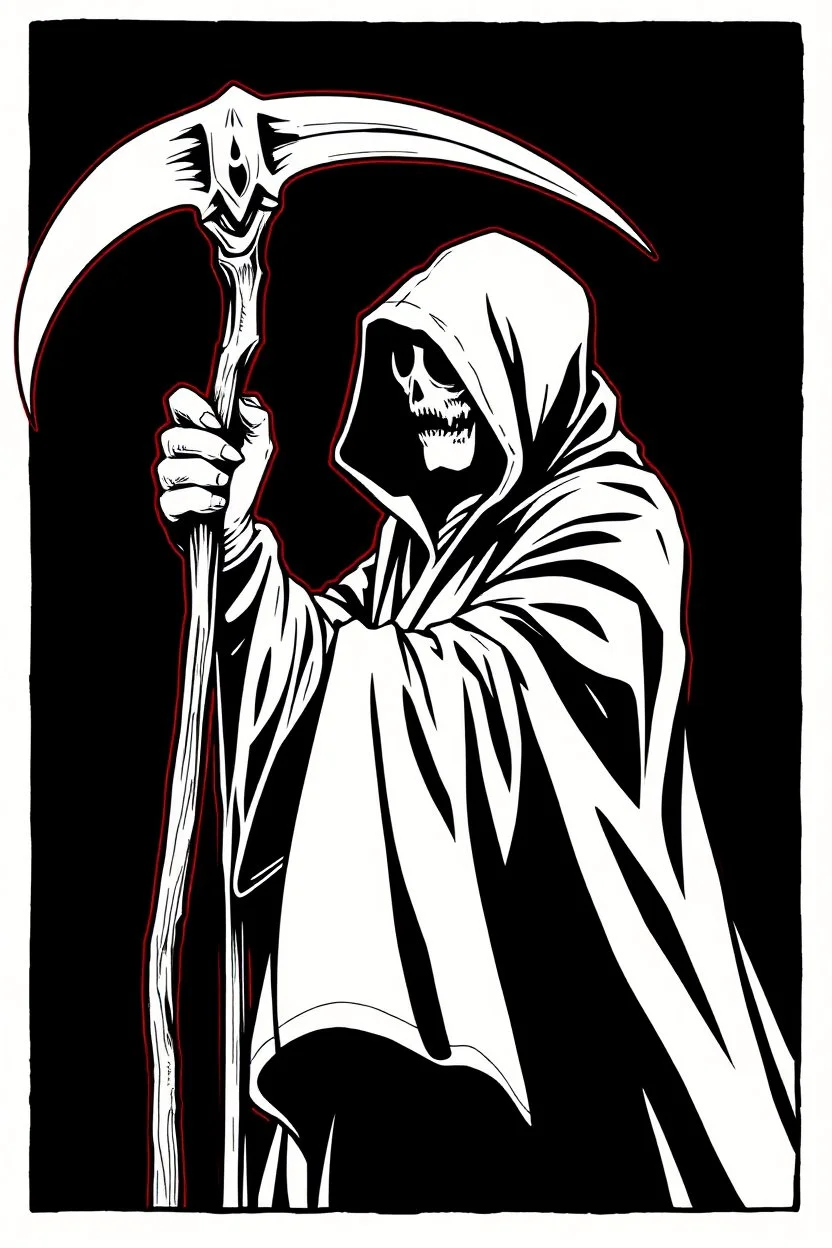 hooded Grim-Reaper gripping scythe(upward), vignette, black and white graphic novel style with a red outline, and black background,