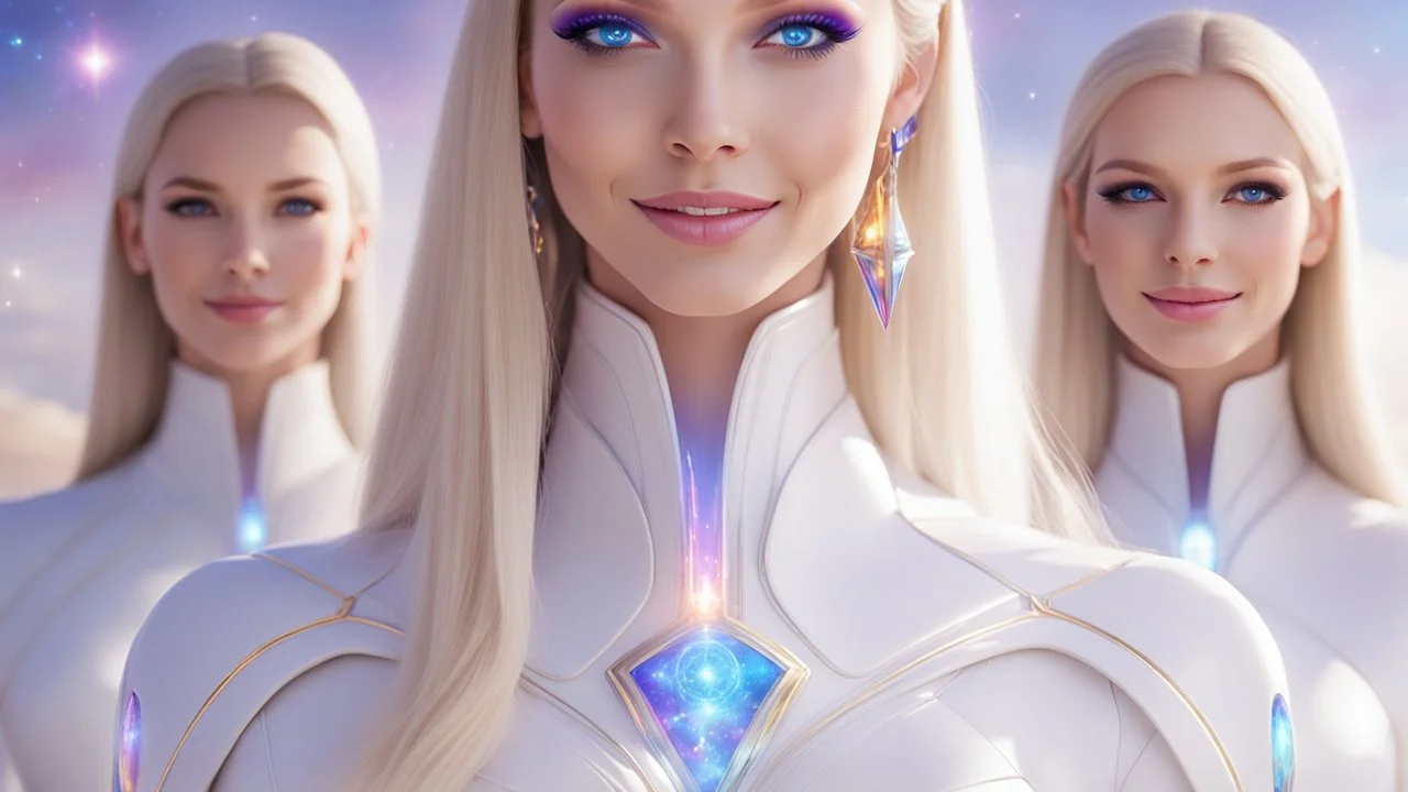 cosmic woman ,beautiful ufos rainbow, admiral from the future, galactic confédération, fine whole face, crystalline skin, expressive purple eyes,rainbow, smiling lips, very nice smile, costume pleiadian, Beautiful tall woman pleiadian Galactic commander, ship, perfect datailed golden galactic suit, high rank, long blond hair, hand whit five perfect detailed finger, amazing big puple eyes, mouth, high définition lips, cosmic happiness, bright colors