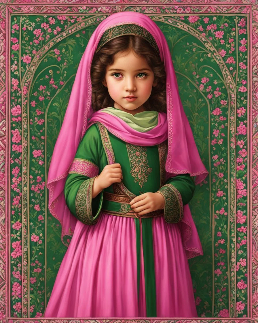 Artistic Pink green little palestinian girl , PRINT medieval style