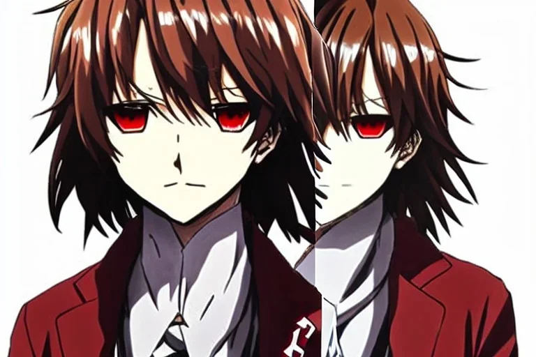 Detailed pretty anime boy, brown hair with blonde strips, keep head in frame, headshot, glaring, brown eyes, covered in bandages, looking serious, illustration, digital painting, only one character, color scheme red, wearing many bandages, Osamu Dazai inspired, anime inspired, manga, dazai, red hair, Chuuya, pretty, scruffy, angry, brooding, manga inspired, small nose, long lower eyelashes, handsome, widows peak, headshot, glaring, cute, wearing a bandage on neck, small nose, scruffy hair