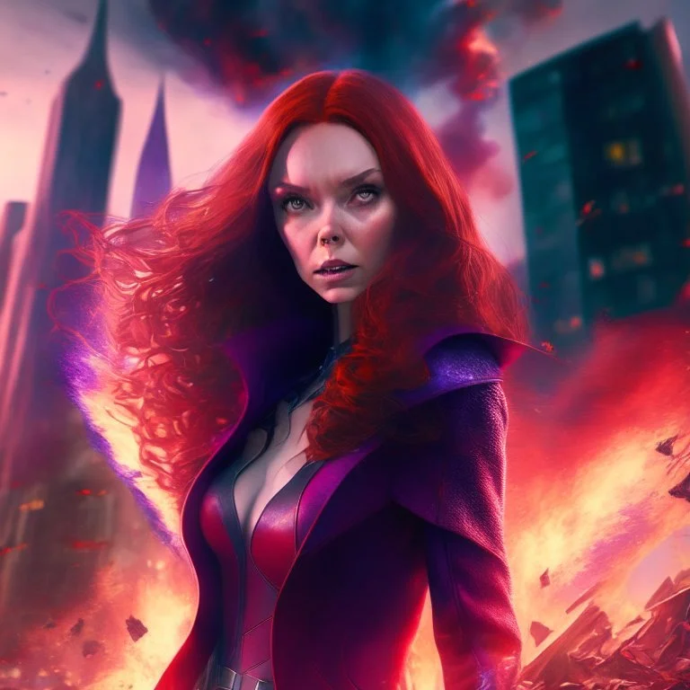 Wanda Maximoff, mulher, jovem, cabelos ruivos, olhos vermelhos, corpo inteiro, fundo cidade destruída, cores brilhantes, de lado destruindo algo com sua magia vermelha, traje da feiticeira escarlate, dramatico, 4k render, imagem cinematográfica. Cores frias, magia em suas mãos, magia vermelha claro