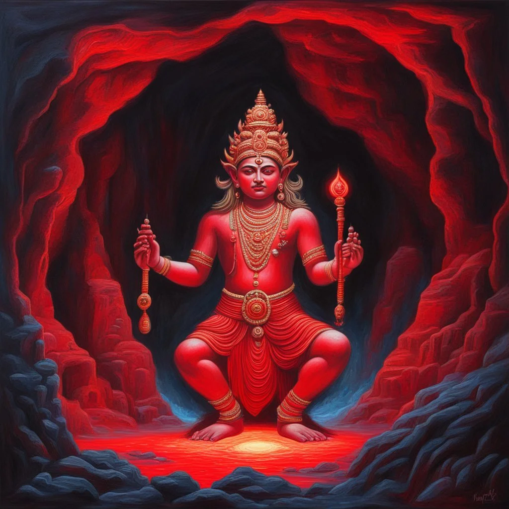 An oil painting of Hindu god YAMA in a cave, neon red colors, high detail, dark vibe