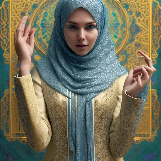 woman in flowing, white burka standing in front of a mosque with blue, green, gold mosaic walls, high-quality, fine-detail, intricate, ornate, volumetric lighting, 8k resolution, haunting, powerful, photo-realistic, high-quality, Moe Zoyari, Brian Froud, Howard Lyon, Romain Veillon, Greg Rutowski, Anna dittmann