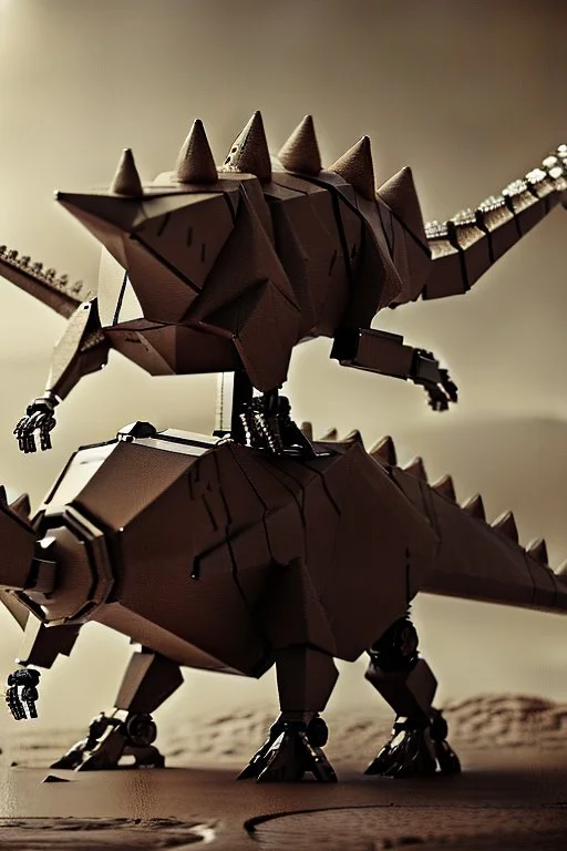 Mecha stegosaurus in sepia tones with a vignette