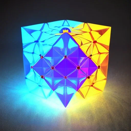 a 4d pentagon ,a blue metallic 4d Tesseract ,inside a 4d orange Tesseract rotating cube in a four dimension environment