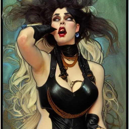 painted portrait of evil witch in black leather, angry, strong, volouptous, chesty, cleavage, intricate, elegant, highly detailed, digital painting, artstation, concept art, smooth, sharp focus, illustration, art by gaston bussiere and alphonse mucha