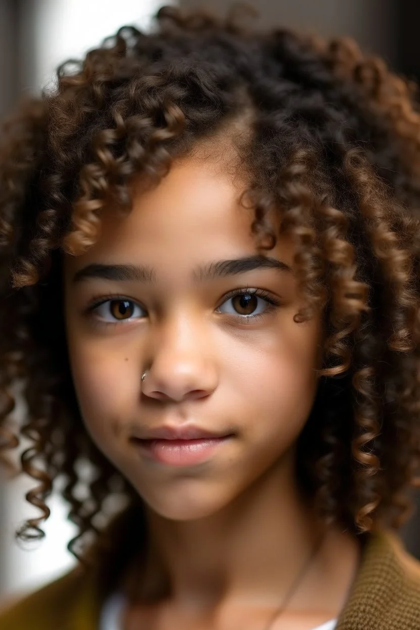 Mixed teen with brown curly hair a line up and a fade and light brown eyes