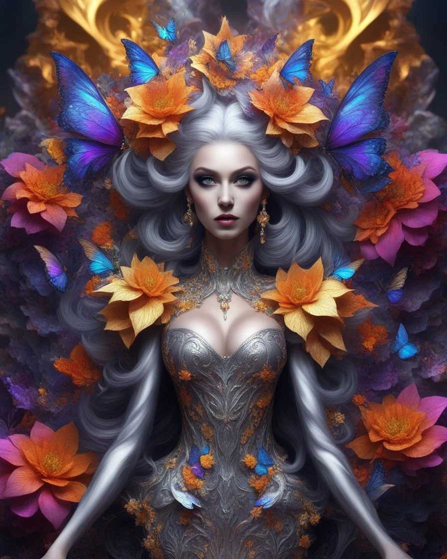 Masterpiece art amazing art picture in Luxurious 3d colorful fractals sharp colors,vibrant colors,neons colors standing pose sweet pose a vampire queen gothic hair silver, golden shiny adorned,in fractals 3d outside ,fractals colorfull, full of flowers,butterflies,leaves in 3d outside fractals background