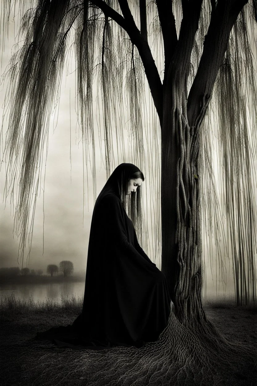 Style of Man Ray, Woman sad, weeping willow, loneliness, triple exposure,