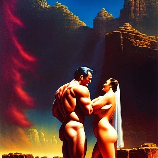 portrait oil on canvas,'And they were both naked, the man and his wife, and were not ashamed',comic book cover, mystical colors,insanely detailed,realistic,intrincate detail, 16k resolution, masterpiece,Simon Bisley,Frank Frazetta,Alex Horley,ARTHUR ADAMS