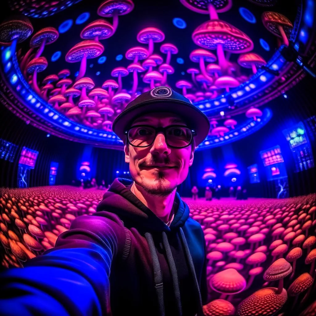 AI selfie in dark fluorescent mushroom concert hall , photo-realistic, shot on Hasselblad h6d-400c, zeiss prime lens, bokeh like f/0.8, tilt-shift lens 8k, high detail, smooth render, down-light, unreal engine, downlight