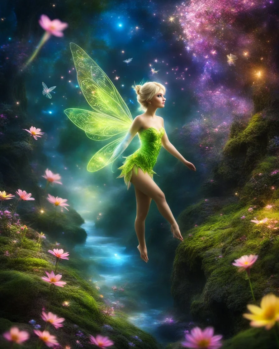 Beautiful Tinkerbell on flying in Landscape in a magical place with neon flowers and tiny fairies all in photography art