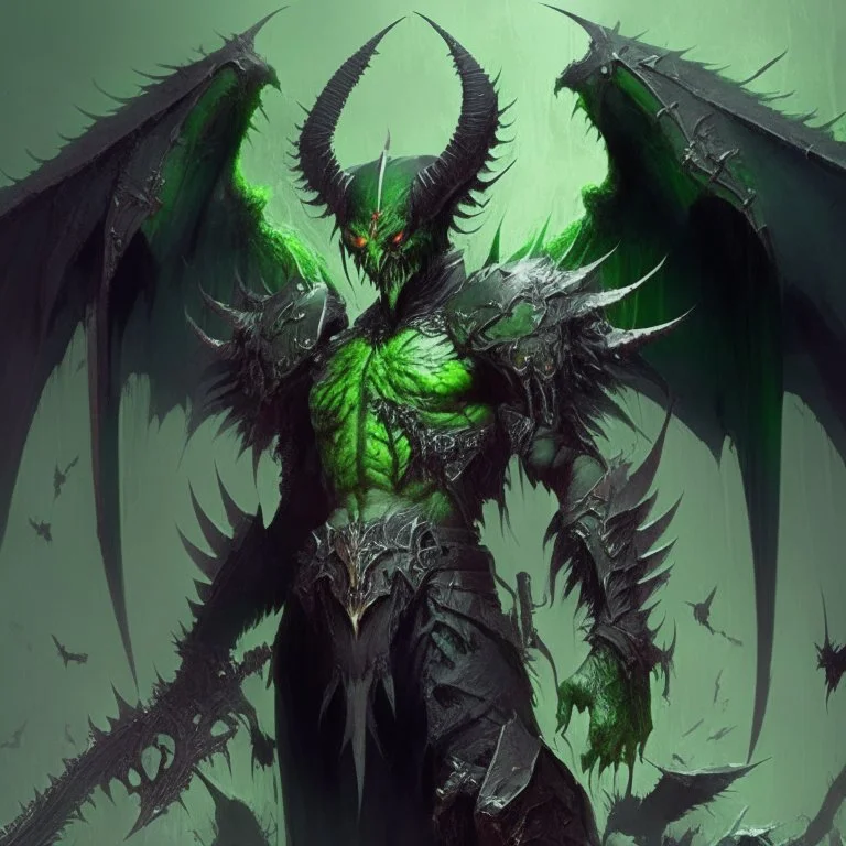 demonio de armadura verde y negro con alas negras tomando mucha sangre