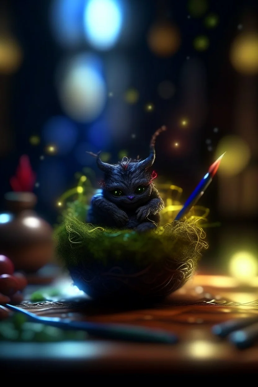 pen outline, awake within a magical nightmare, cauldron with shining sigil and containing a slightly alien fur ball gremlin plant in it, prize winning oil painting, ,bokeh like f/0.8, tilt-shift lens 8k, high detail, smooth render, down-light, unreal engine