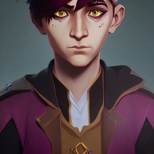 Portrait of a 9 year old warlock boy with tricky eyes Nick Harris style