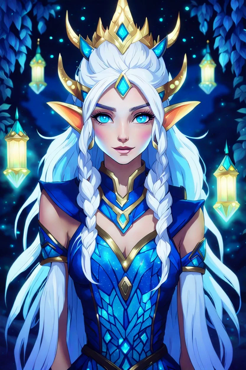 Bioluminescent blue avatars identify dots and patterns on their skin. Pointed elf ears, white hair, glowing blue eyes, slightly shiny blue skin.A beautiful girl with glowing golden eyes. With white decorated hair. And the whole body. And decorated dragon stones. And decorative glass trees