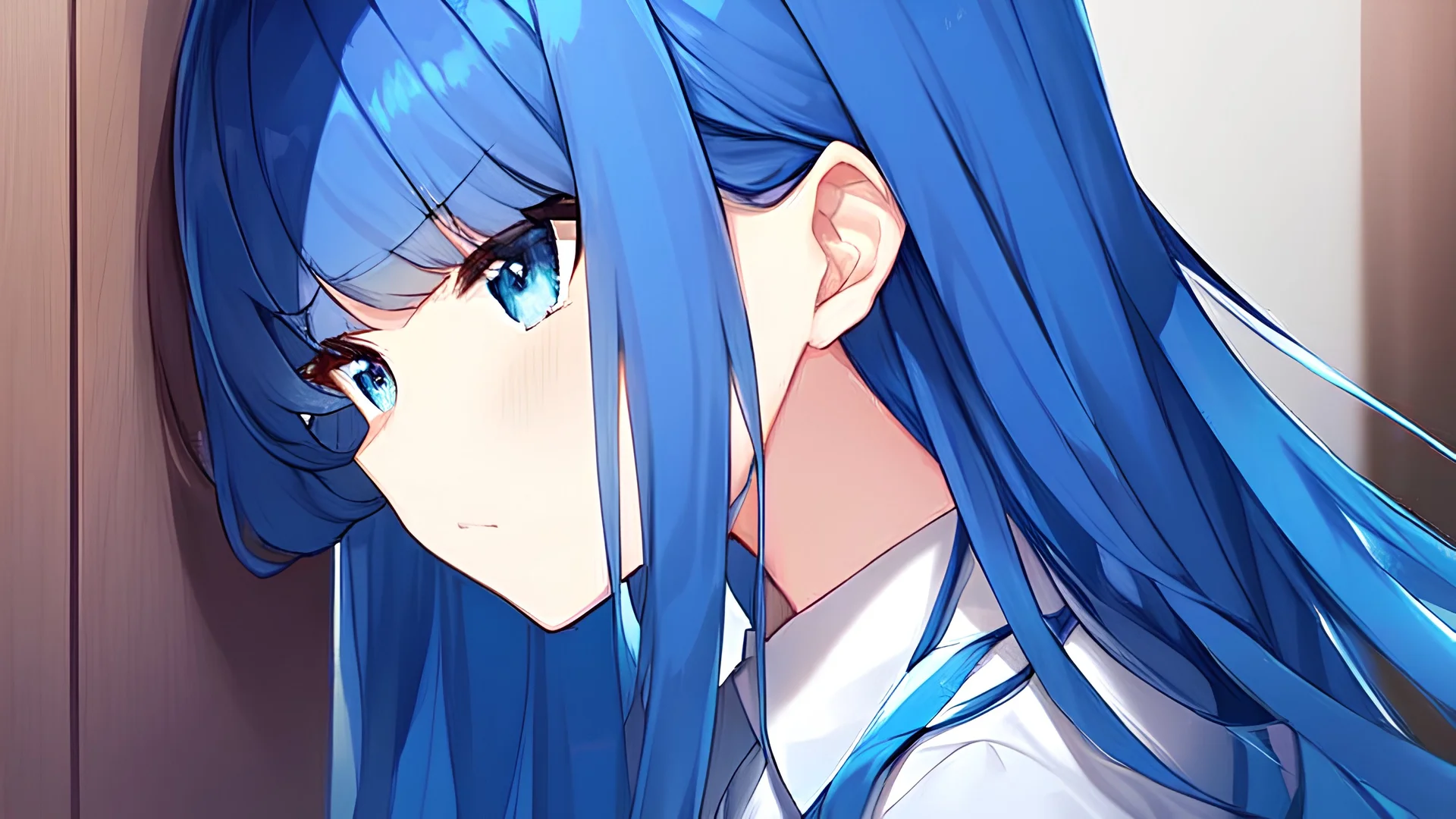 anime girl, blue hair, curious, blue eyes, long hair