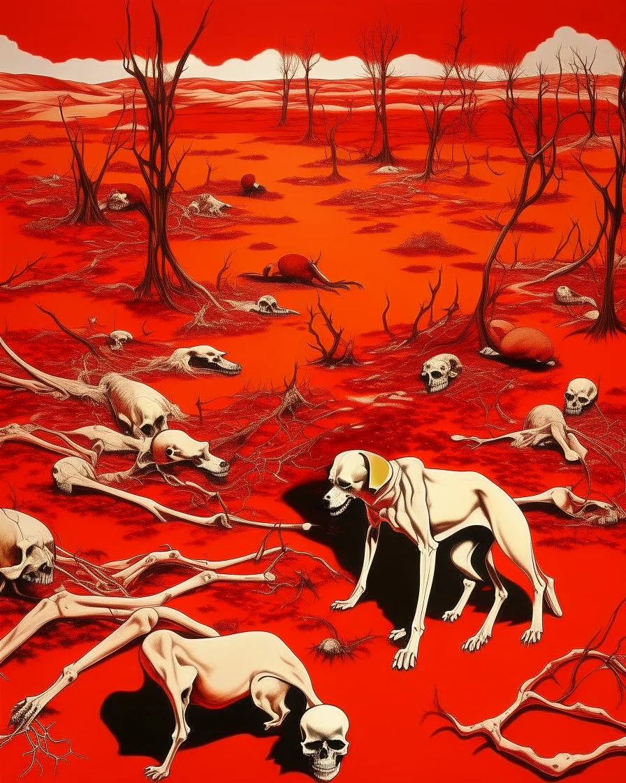 A red wasteland with animal bones painted by Andy Warhol